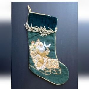 Vintage Dillards Wool Stocking Needlepoint Gold Fringe Green Santa Sleigh
